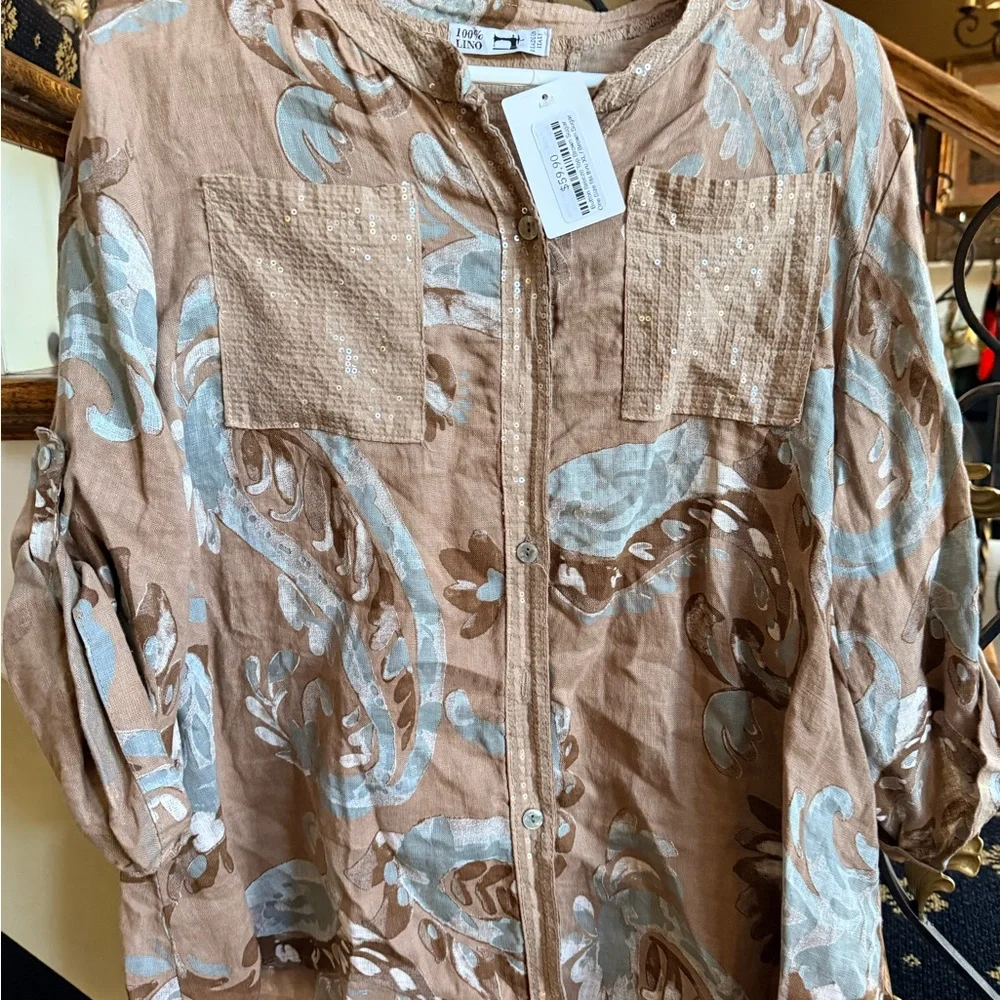 100% Lino NWT Button Breeze Top Brown Sugar One Size fits- XL 100% linen. - Picture 2 of 11